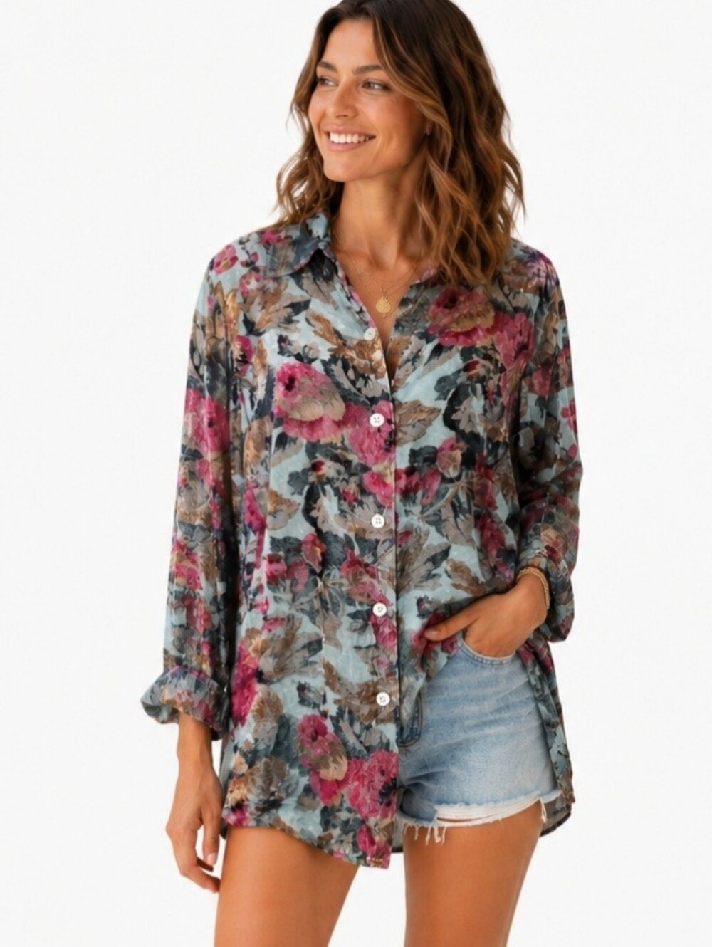 Soft Surroundings Floral Tunic Top Medium Silk Blend Button Front Boho Velvety
